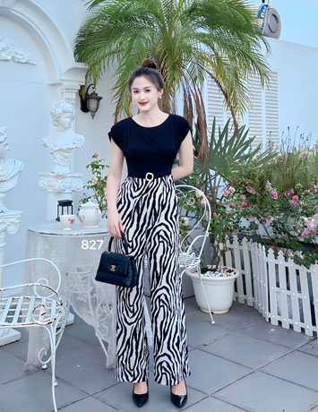Jumpsuit phối áo đen quần lụa mango họa tiết - D827