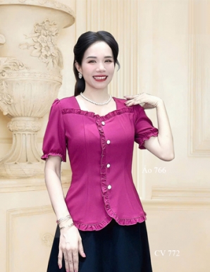 Áo kiểu viền bèo màu Hồng  - E766 Áo kiểu viền bèo màu Hồng  - E766
