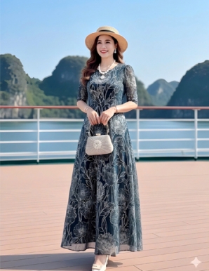 Đầm Maxi hoa Thun nhũ  eo đính hoa - F003 Đầm Maxi hoa Thun nhũ  eo đính hoa - F003