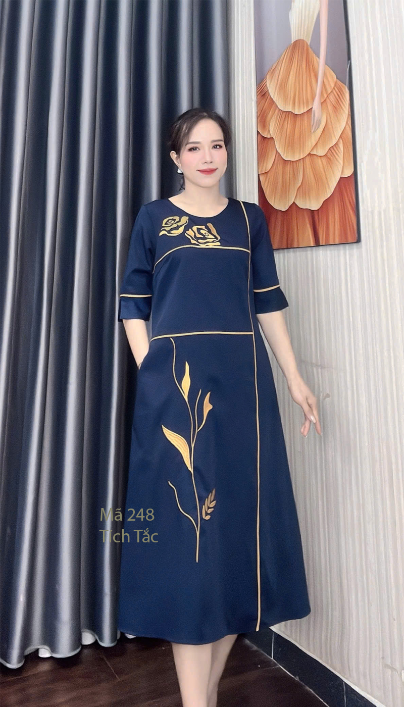Dam suong mau xanh den theu hoa den vien den f248 8