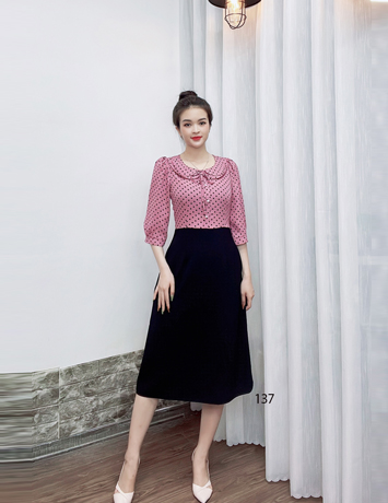 Đầm xòe nhẹ suông A phối áo cổ bèo chấm bi - D137
