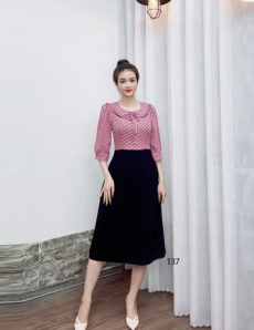 Đầm xòe nhẹ suông A phối áo cổ bèo chấm bi - D137