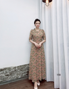 Đầm maxi cổ đính nơ màu kem hoa - D158