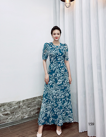 Đầm maxi cổ đính nơ màu xanh họa tiết lá - D159