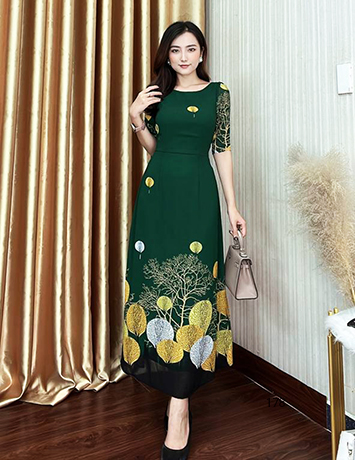 Đầm maxi màu xanh cổ thuyền canh hoa - D178