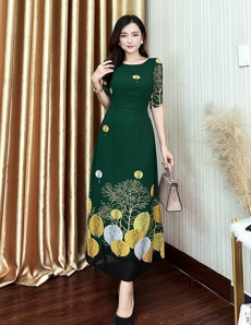 Đầm maxi màu xanh cổ thuyền canh hoa - D178