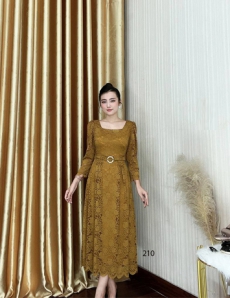  Đầm xòe ren hoa cao cấp màu vàng đồng - D210