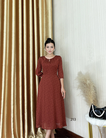 Đầm xòe voan tơ gân bi ẩn màu cam đất - D213