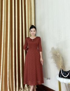 Đầm xòe voan tơ gân bi ẩn màu cam đất - D213