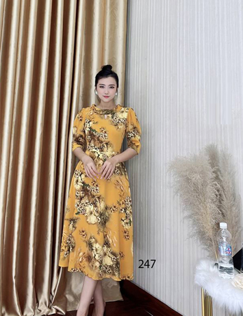 Đầm xòe cổ lọ lụa mango màu vàng hoa - D247