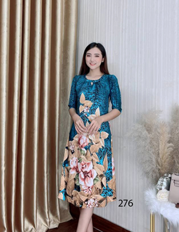 Đầm suông lụa mango màu xanh canh hoa - D276