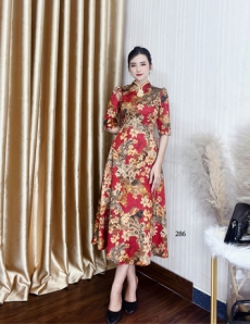 Đầm xòe lụa vân pháp màu đỏ cổ tàu - D286