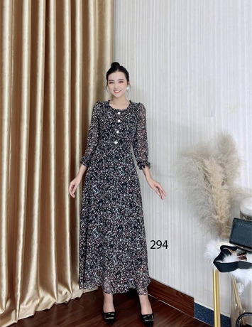 Đầm maxi cổ tròn bèo tay dài màu đen hoa nhí - D294