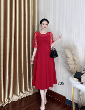 Đầm xòe phối ren ngực và tay màu đỏ - D305