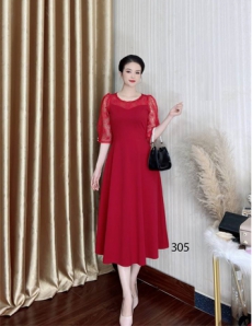 Đầm xòe phối ren ngực và tay màu đỏ - D305