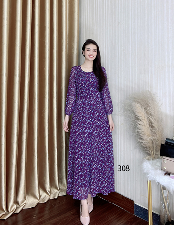 Đầm maxi tay dài đính hoa ngực màu tím - D308