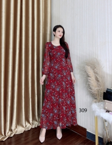  Đầm maxi tay dài đính hoa ngực màu đỏ - D309