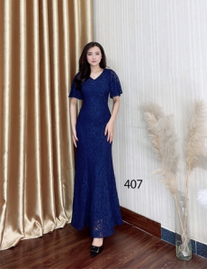Đầm ren dạ hội đuôi cá màu xanh đen tay cánh tiên - D407