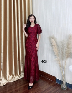 Đầm ren dạ hội đuôi cá màu đỏ đô tay cánh tiên - D408