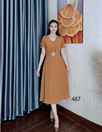 Đầm xòe tay ngắn ngực xếp eo đính tag màu cam - D487