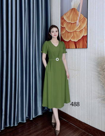 Đầm xòe ngực xếp eo đính tag màu xanh - D488