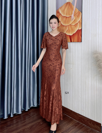 Đầm ren dạ hội đuôi cá màu nâu tay cánh tiên - D521