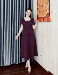 Đầm xòe cổ vuông đính đá màu măng cụt - D523