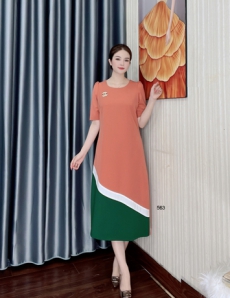 Đầm suông màu cam chân phối màu trắng xanh - D563