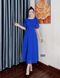 Đầm xòe voan xếp ly eo tay xẻ màu xanh coban - D589