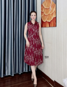 Đầm suông cổ sơ mi sát tay màu đỏ phối họa tiết- D591
