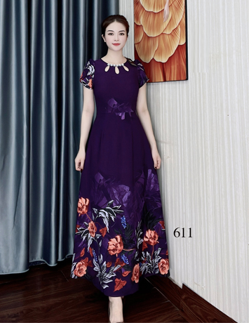 Đầm maxi lụa mango canh bông màu tím - D611