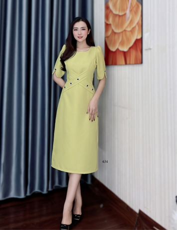 Đầm body suông cao cấp eo cách điệu màu vàng bơ - D634