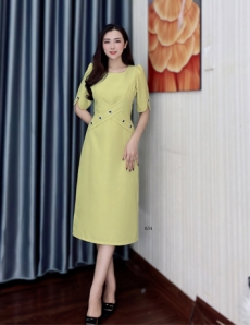 Đầm body suông cao cấp eo cách điệu màu vàng bơ - D634