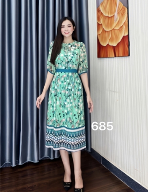 Đầm xòe cổ bèo voan hoa canh viền chân màu xanh - D685