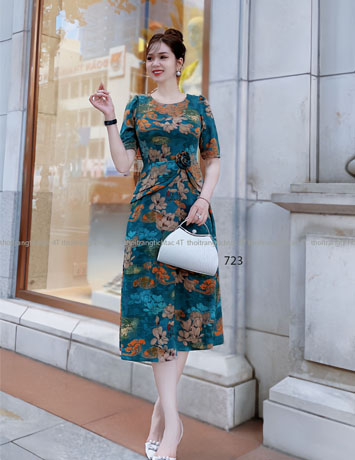Đầm xòe lụa mango peplum màu xanh  - D724