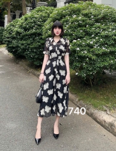 Đầm xòe cổ sơ mi ngực viền bèo voan tơ thêu màu đen  - D740