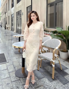 Đầm body suông ren cao cấp tay dài màu kem - D817
