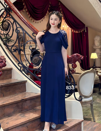 Đầm dạ hội tay ren phối choàng vai màu xanh đen - D833