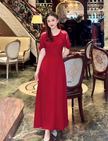 Đầm dạ hội tay ren phối choàng vai màu đỏ - D834