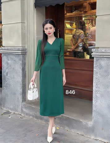 Đầm body suông phối tay voan viền eo màu xanh - D846