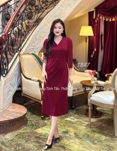 Đầm body suông phối tay voan viền eo màu đỏ- D847 Đầm body suông phối tay voan viền eo màu đỏ- D847