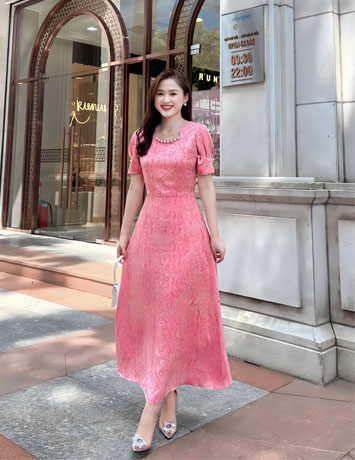 Đầm maxi dạ hội lụa tằm hoàng gia màu hồng - D866