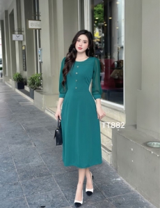 Đầm xòe A ngực kiểu phối tay voan màu xanh - D882