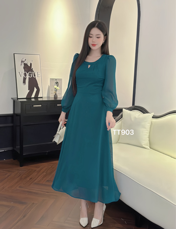 Đầm maxi voan tơ thêu bi nổi màu Xanh - D903