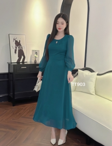 Đầm maxi voan tơ thêu bi nổi màu Xanh - D903