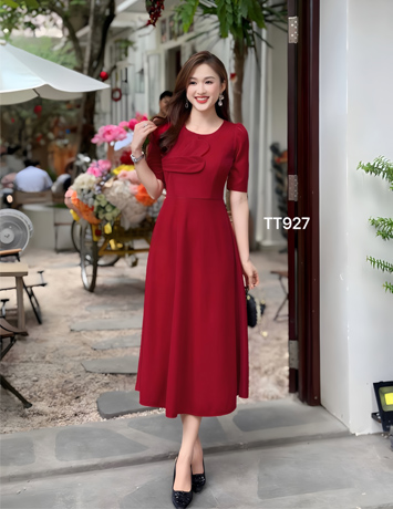 Đầm dự tiệc ngực đính kết thủ công MÀU ĐỎ - D927