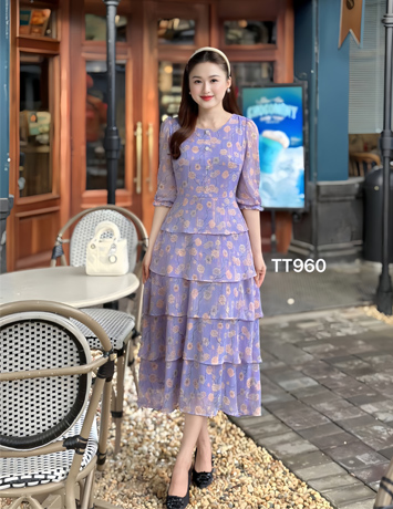 Đầm xòe 5 tầng voan tơ ánh nhũ hoa nhí màu tím - D960