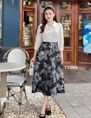 Đầm xòe chân váy gấm phối áo trắng - D964