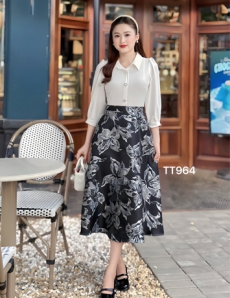 Đầm xòe chân váy gấm phối áo trắng - D964