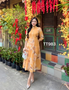 Đầm xòe nhẹ cổ trụ viền bèo tay lỡ hoa ly màu Vàng - D983